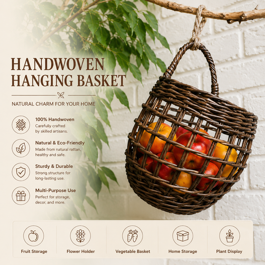 Woven Rattan Handcrafted Small Hanging Basket: Kitchen Storage Basket, Wall-Mounted Decorative Hanging Basket