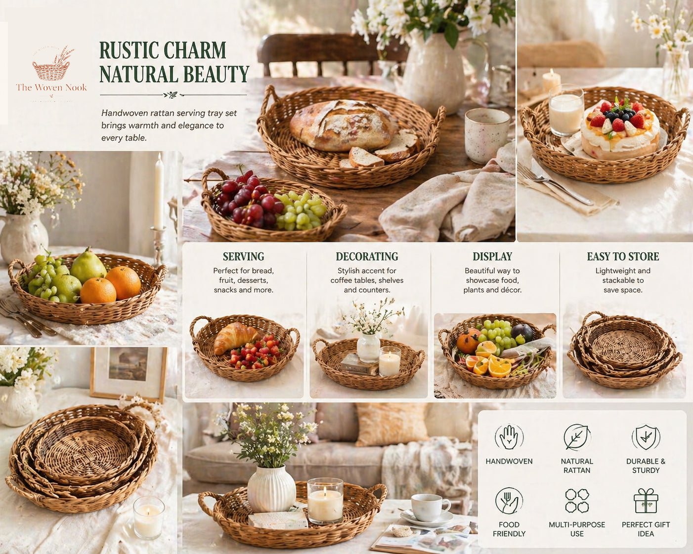 Rustic Woven Serving Tray Set