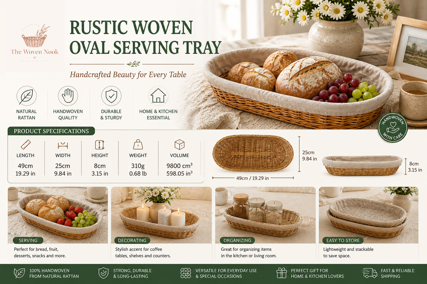 French Rustic Woven Bread Basket with Linen Liner – Oval Rattan Baguette Serving Tray