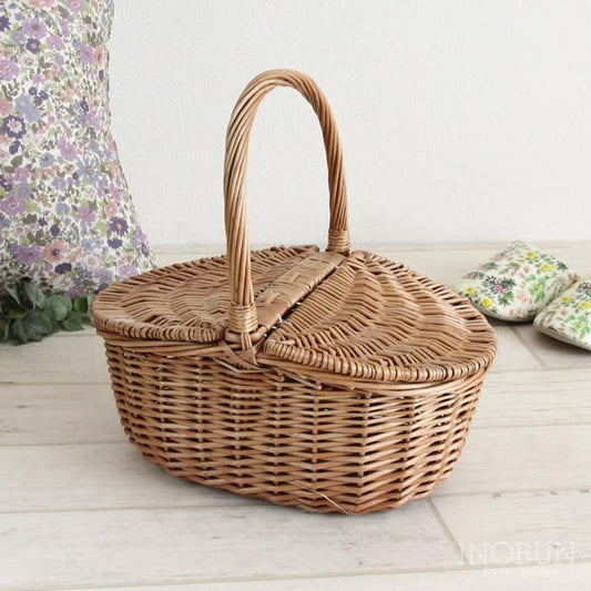 Willow-woven picnic basket, handheld rattan storage basket, handwoven shopping basket, stylish gift basket, vintage-style basket with lid