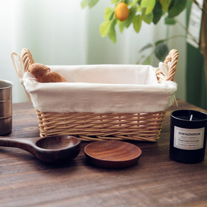French Rustic Woven Bread Basket with Linen Liner – Handwoven Rattan Storage & Serving Basket