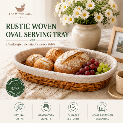 French Rustic Woven Bread Basket with Linen Liner – Oval Rattan Baguette Serving Tray