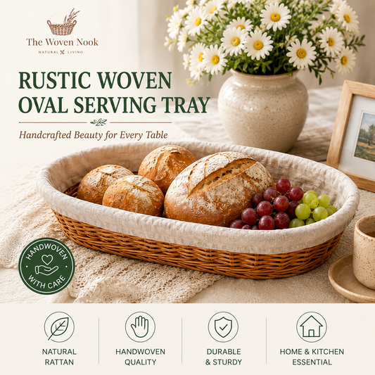 French Rustic Woven Bread Basket with Linen Liner – Oval Rattan Baguette Serving Tray