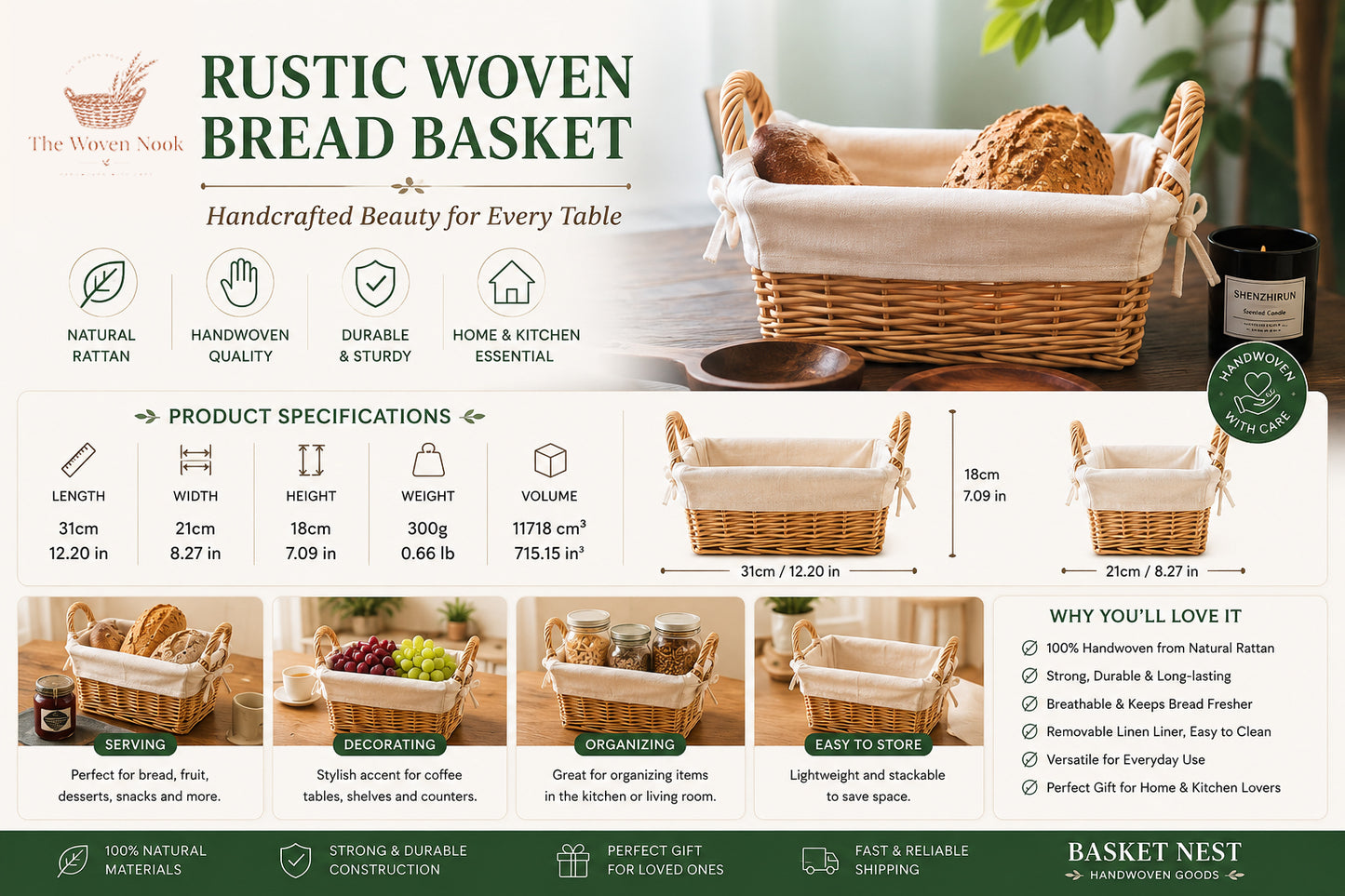 French Rustic Woven Bread Basket with Linen Liner – Handwoven Rattan Storage & Serving Basket