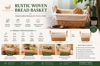 French Rustic Woven Bread Basket with Linen Liner – Handwoven Rattan Storage & Serving Basket