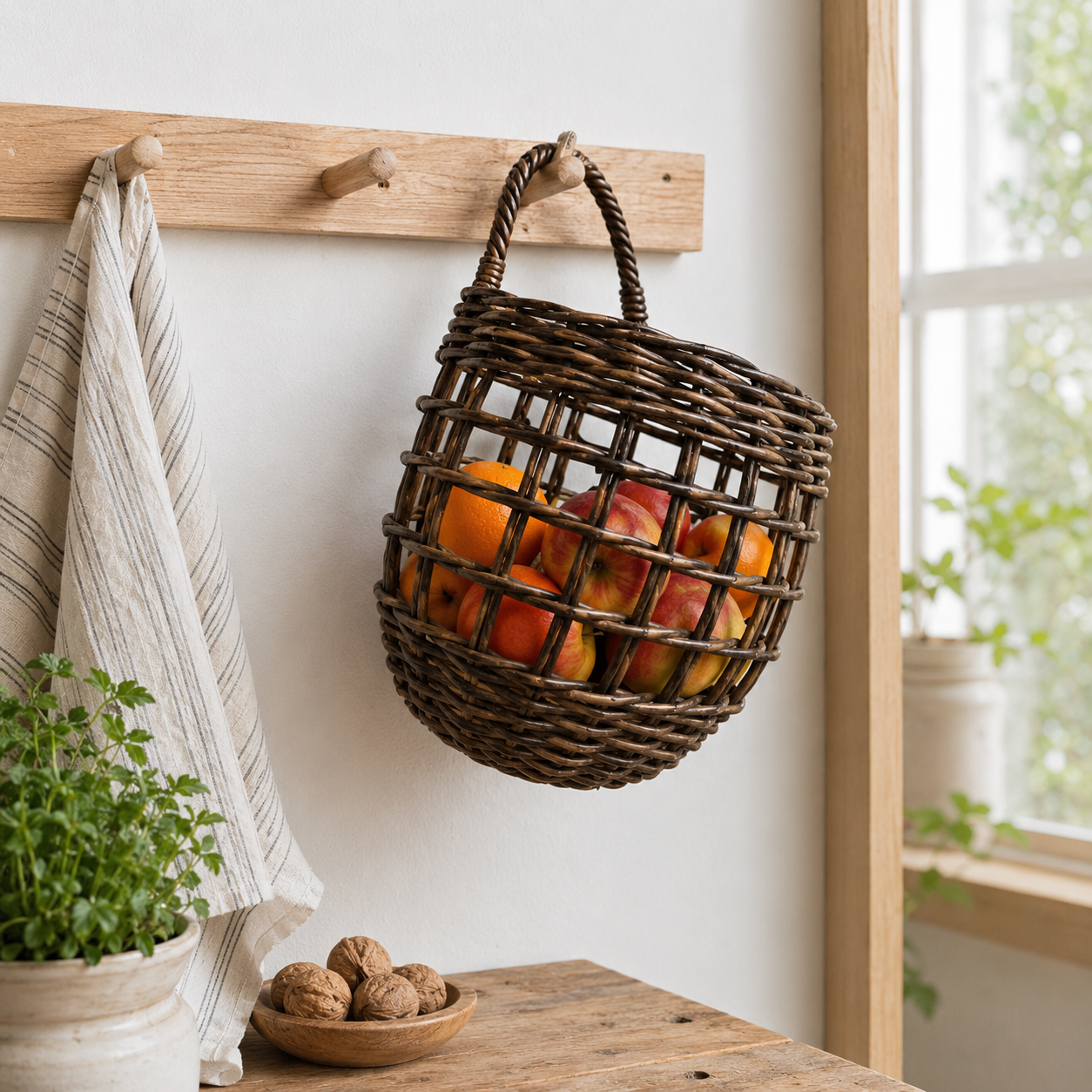 Woven Rattan Handcrafted Small Hanging Basket: Kitchen Storage Basket, Wall-Mounted Decorative Hanging Basket