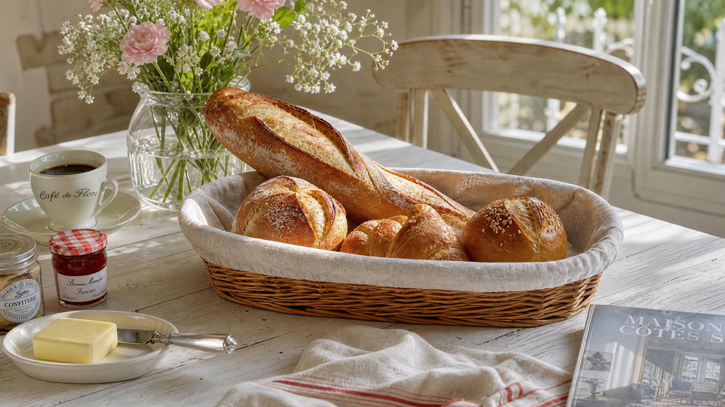 French Rustic Woven Bread Basket with Linen Liner – Oval Rattan Baguette Serving Tray