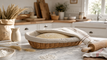 French Rustic Woven Bread Basket with Linen Liner – Oval Rattan Baguette Serving Tray