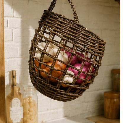 Woven Rattan Handcrafted Small Hanging Basket: Kitchen Storage Basket, Wall-Mounted Decorative Hanging Basket