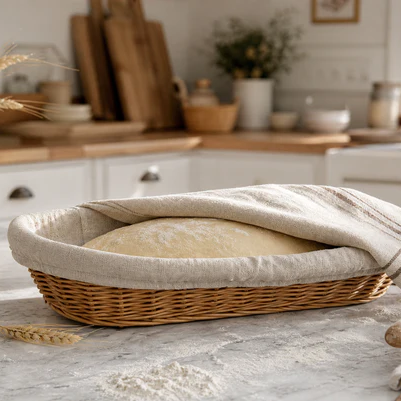 French Rustic Woven Bread Basket with Linen Liner – Oval Rattan Baguette Serving Tray